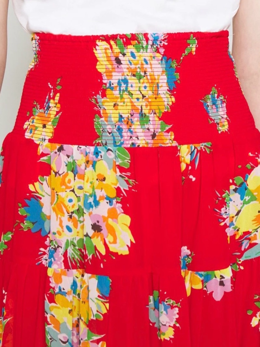Ralph Lauren Red Floral Tiered Maxi Skirt with Smocked Waistband - Picture 4 of 6